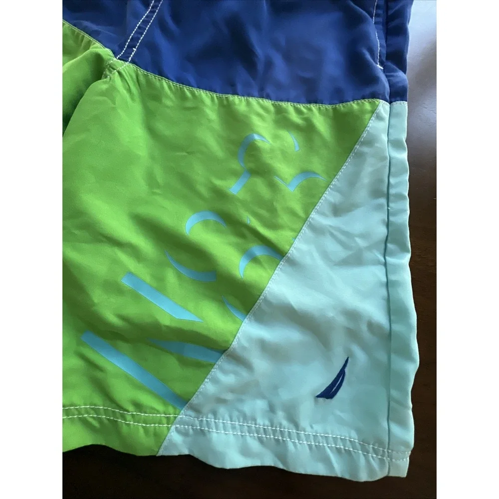 Nautica Boys Large 14 16 Blue Green White Colorblock Swim Shorts Trunk 3 pockets